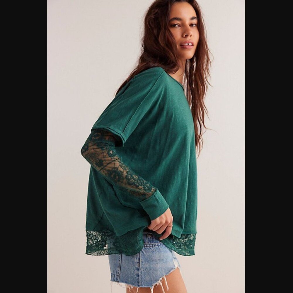 Free People Emerald Green Lace-Inset Long Sleeve Tee